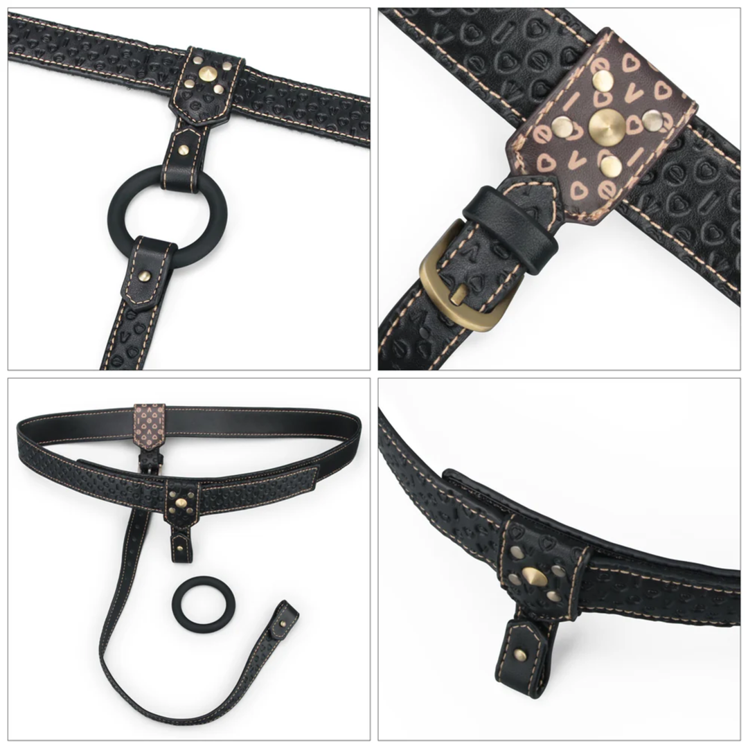 4 product close ups of harness features from Rebellion Reign Strap-On Harness 