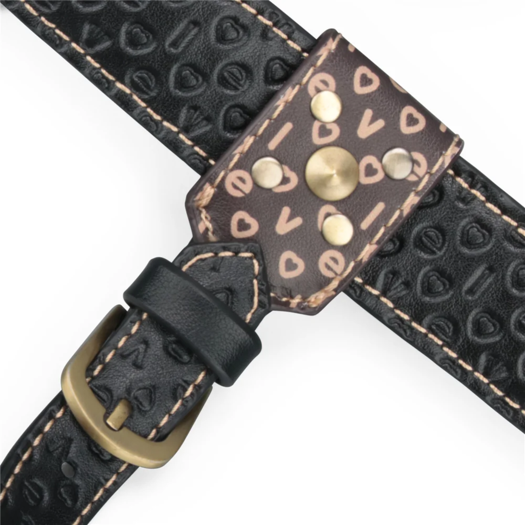 close up of brass buckles from high quality Rebellion Reign Strap-On Harness 