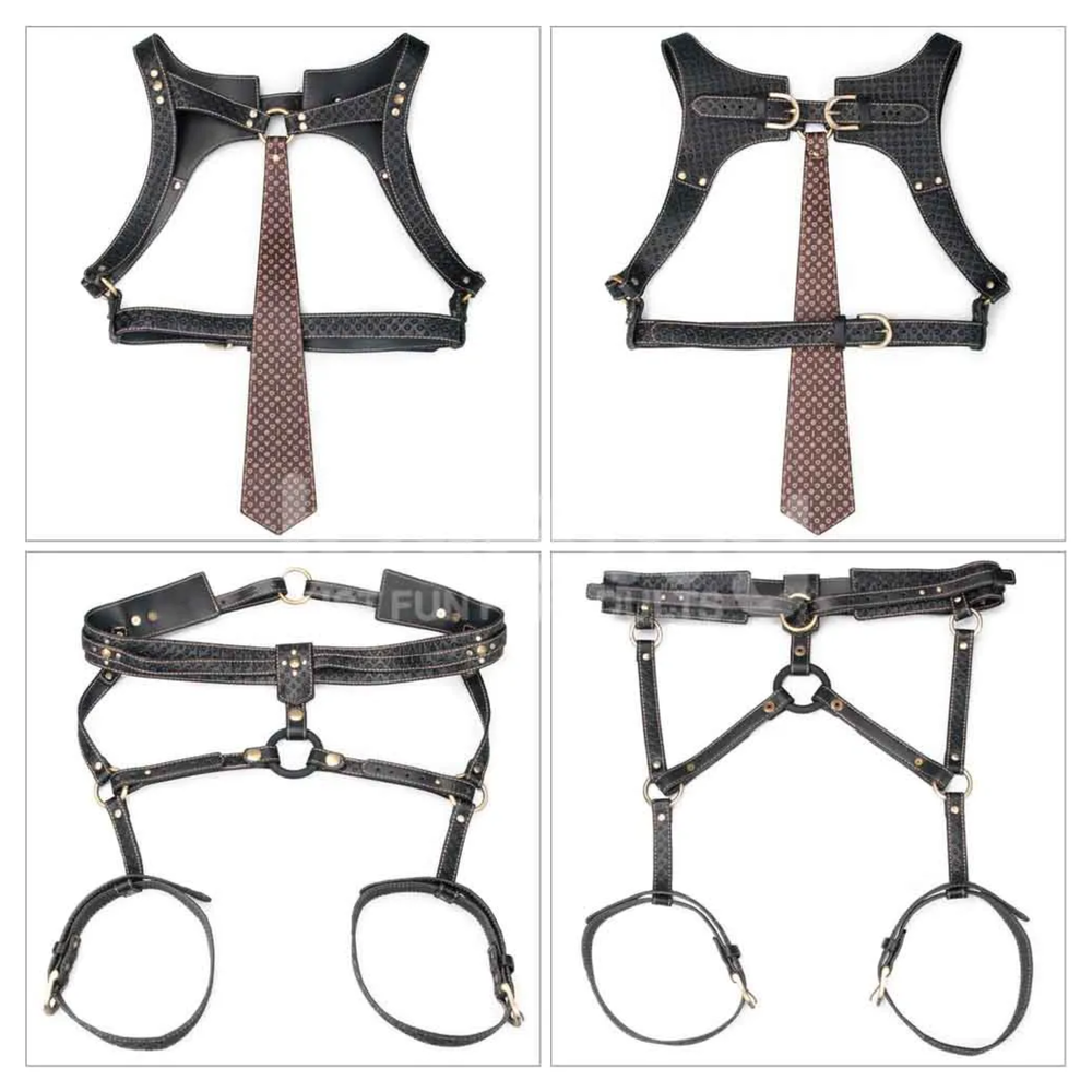 4 product close ups of Rebellion Reign Faux Leather Full Body Harness 