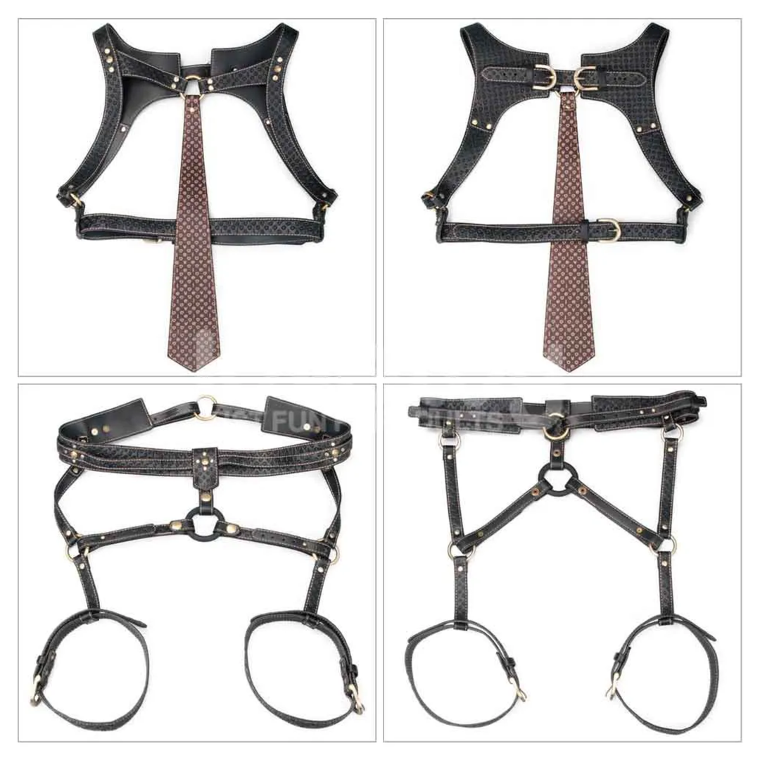 4 product close ups of Rebellion Reign Faux Leather Full Body Harness 