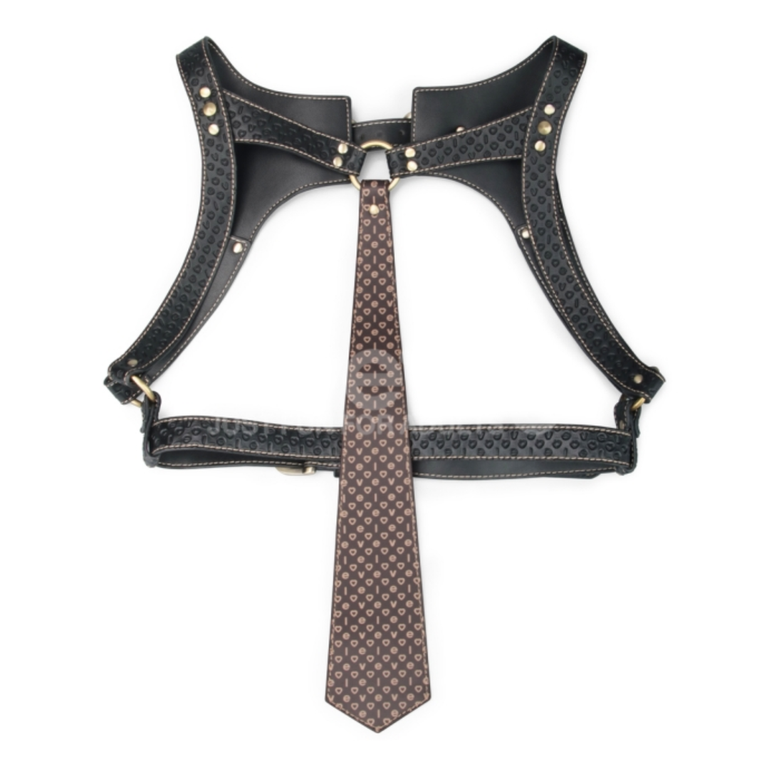 front side of Rebellion Reign Faux Leather Full Body Harness with necktie 