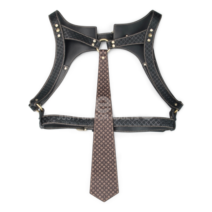 front side of Rebellion Reign Faux Leather Full Body Harness with necktie 