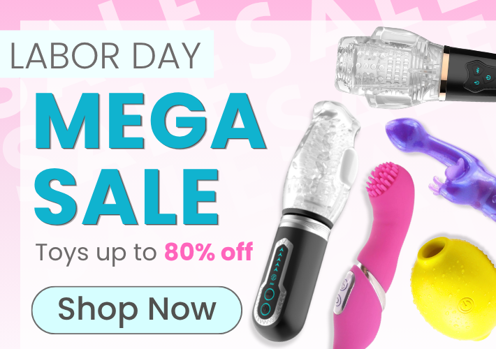 Labor Day Mega Sale promotional graphic featuring multiple adult novelty toys on a pink and white background with large text reading 'LABOR DAY MEGA SALE' and 'Toys up to 80% off' plus a 'Shop Now' button.