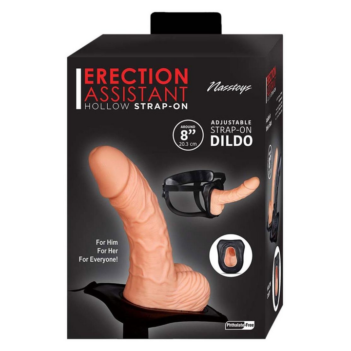 Erection Assistant Hollow Strap-On 8in - Vanilla, as seen inside of packaging 