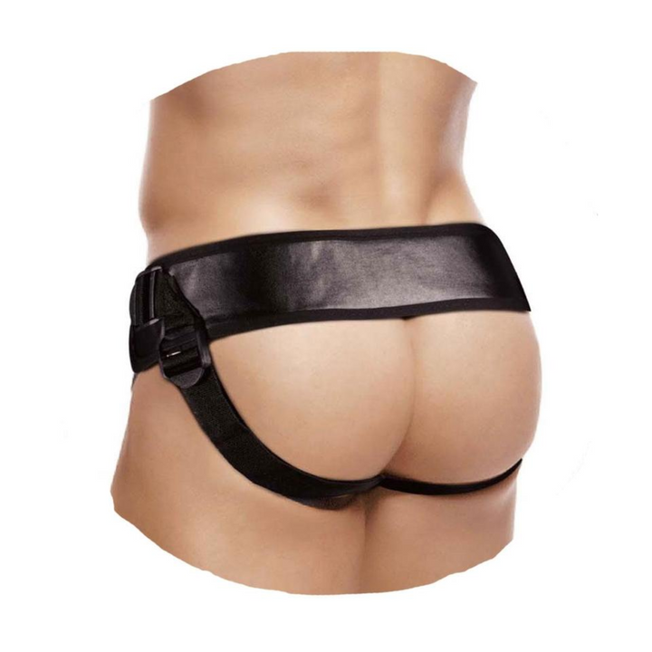 zoomed in photo of male buttocks wearing black harness 