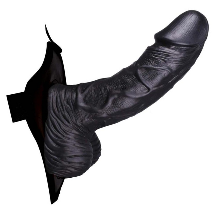 angled side view of black veined hollow dildo 