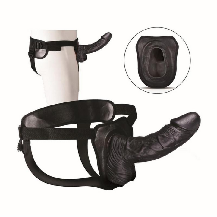black hollow dildo in harness, model wearing hollow black dildo, zoomed in clip of inside of dildo 