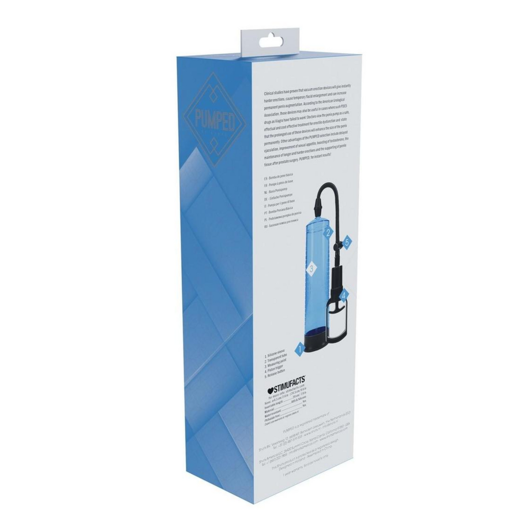 Backside of Pumped Basic Pump 2 Water Resistant Silicone Penis Pump - Blue, packaging