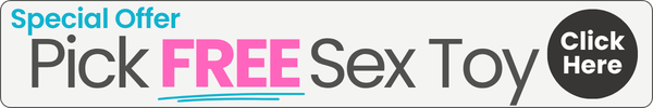 Promotional banner with the text 'Special Offer Pick FREE Sex Toy' in blue, pink, and gray on a white background, plus a black circular 'Click Here' button.