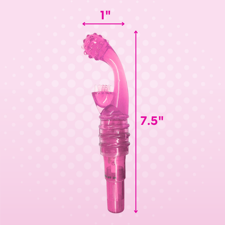 Product dimensions of dual-action vibe: 7.5" in length by 1" width