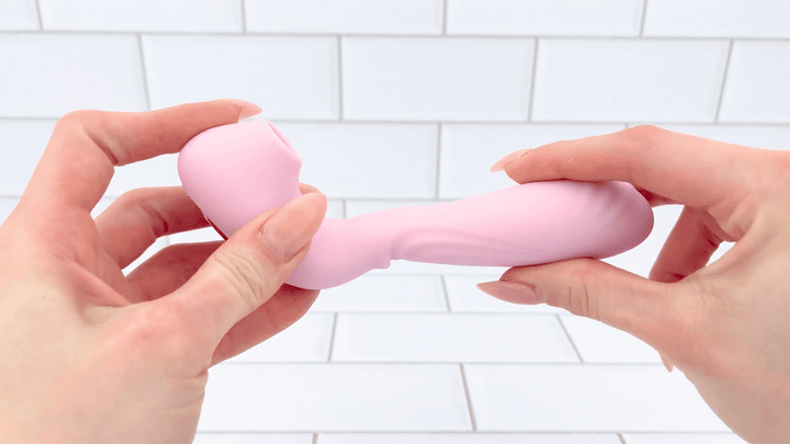GIF of Duo Desire Wearable Air Pulse Clit and G-Spot Vibrator  neck being bent to show flexibility 