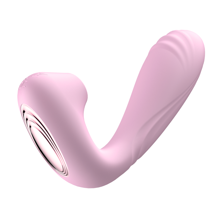 angled side view of Duo Desire Wearable Air Pulse Clit and G-Spot Vibrator made from silky smooth silicone 