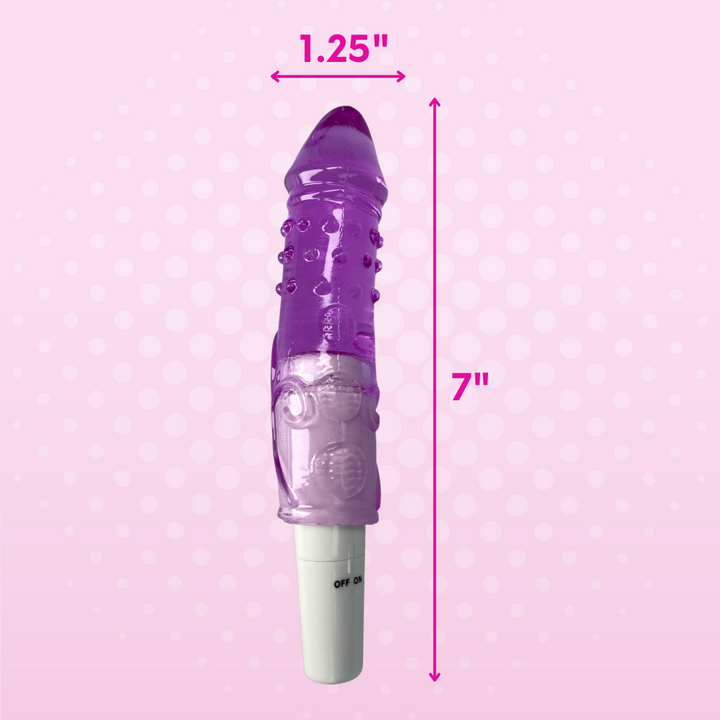Product dimensions of dildo vibe: 7" in length by 1.25" width