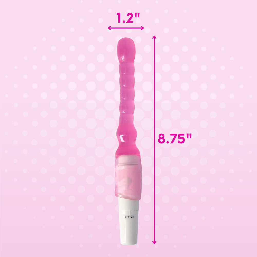 Product dimensions of pink ribbed vibe: 8.75" in length by 1.2" width
