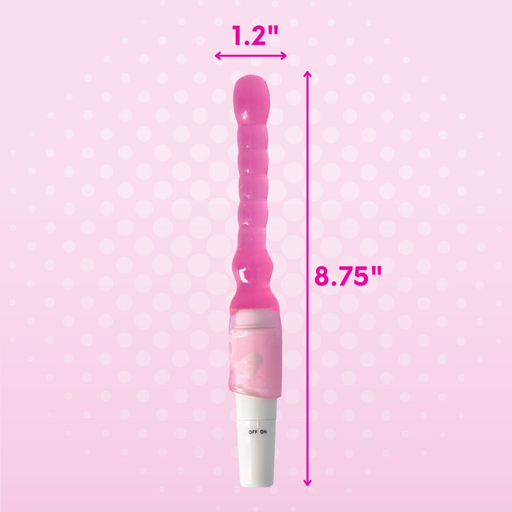 Product dimensions of pink ribbed vibe: 8.75" in length by 1.2" width