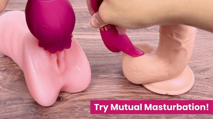 GIF of fluttering bullet end being used on a model of a dildo and the air pulse end being used on a model of a vagina to show how the toy can be used for mutual masturbation