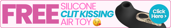 Promotional banner for a free silicone clit kissing air toy with a clickable element.
