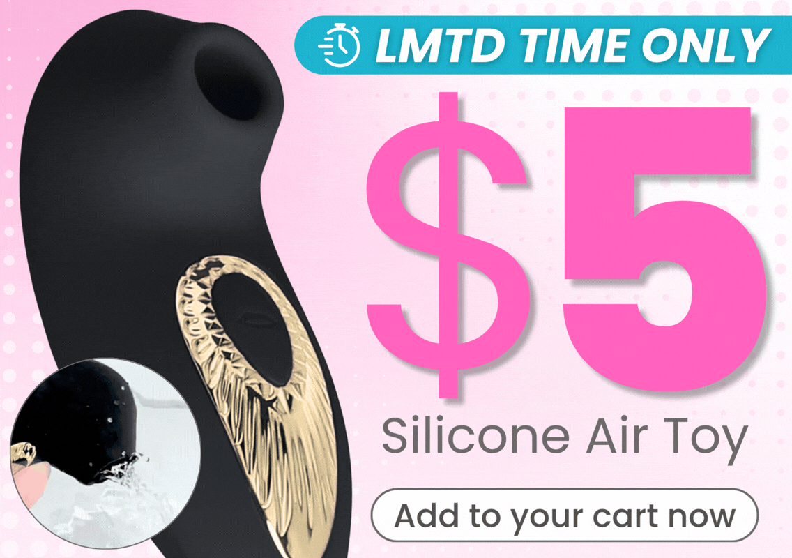 Promotional banner for a '$5 Air Pulse Toy' with the text 'LMTD TIME ONLY!' and an oval 'add to cart' button, alongside a black silicone toy with a gold patterned detail over the power button.