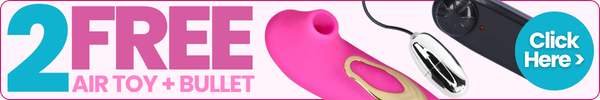Promotional banner that says 2 FREE with pink air toy and black bullet, and a call-to-action button.