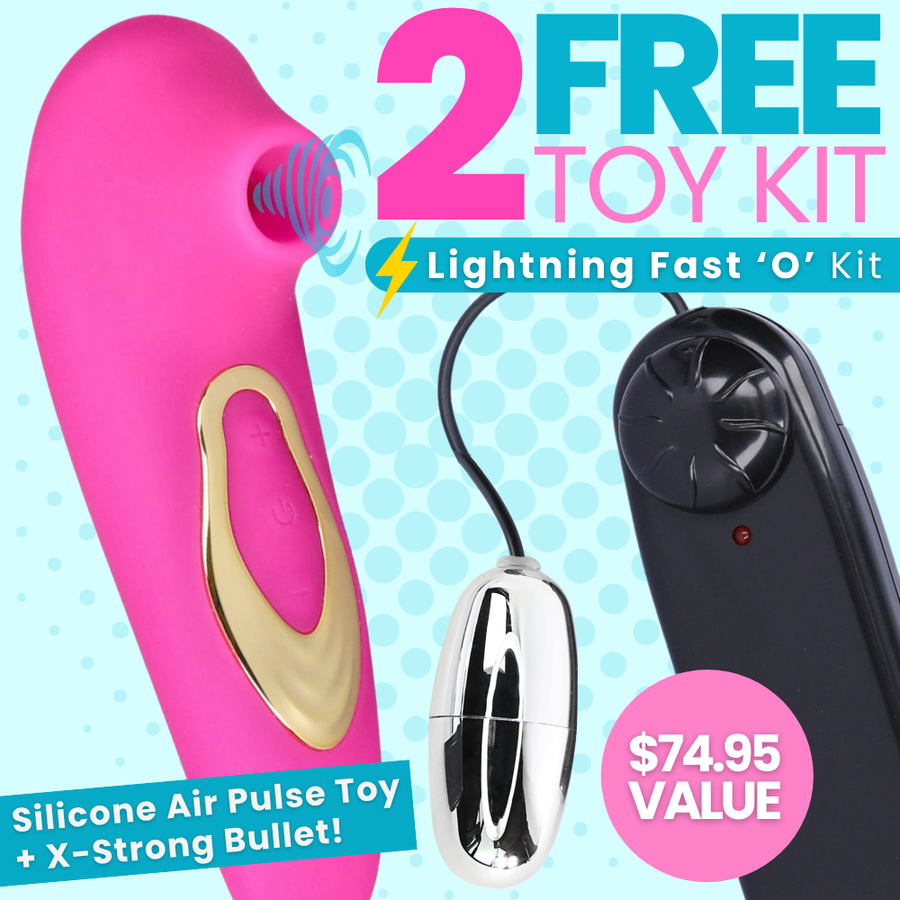 Free pink silicone air pulse toy with X-Strong bullet on a blue background with promotional text.