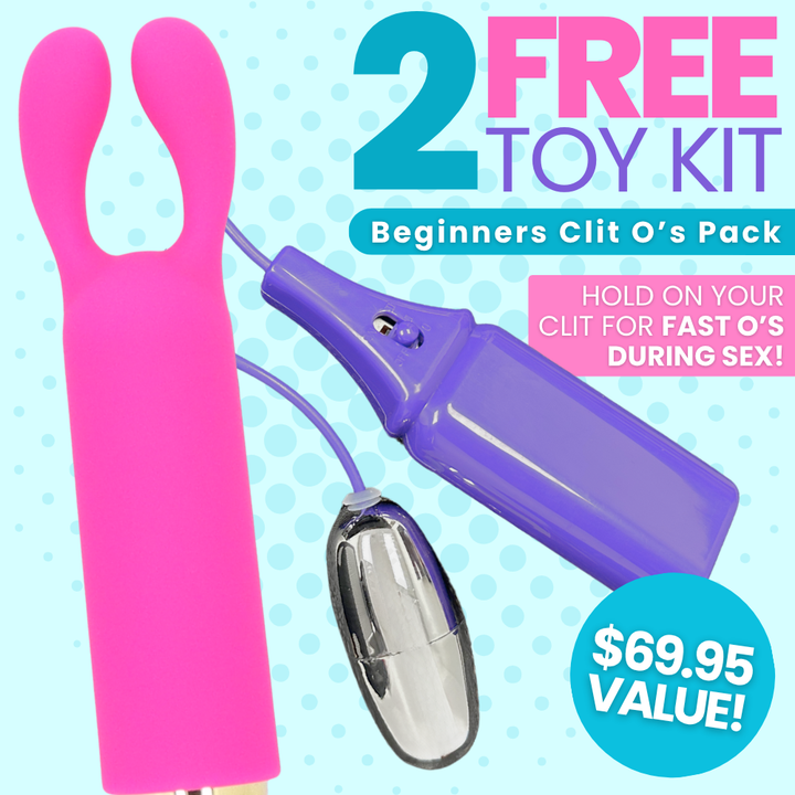 Free Pink and purple toy kit with text on a blue polka dot background