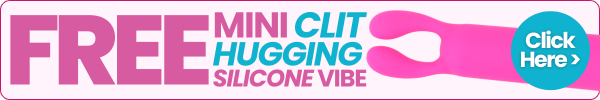 Promotional banner for a free mini clit hugging silicone vibe with a pink and blue design.