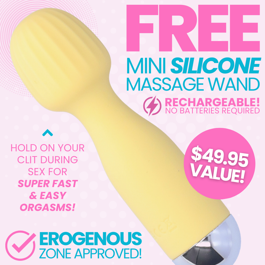 Free yellow silicone massager with promotional text on a pink and white background. HOLD ON YOUR
CLIT DURING SEX FOR
SUPER FAST
& EASY ORGASMS!