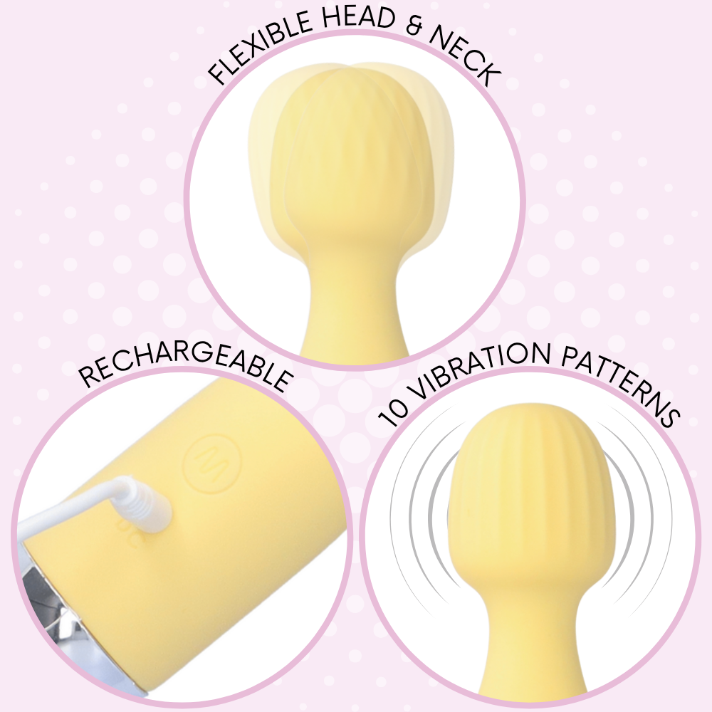 Yellow electronic device with flexible head and neck on a pink background, featuring text about features.