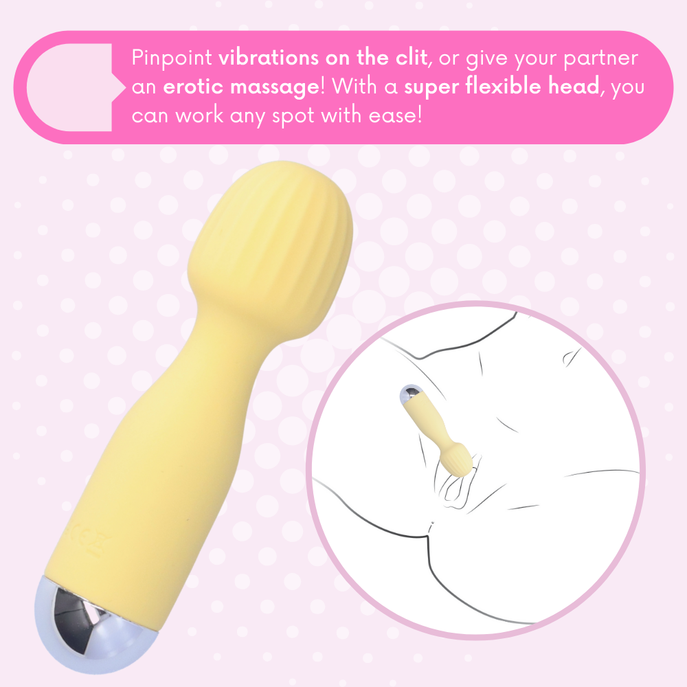 Yellow silicone wand with text on a pink background. Pinpoint vibrations on the clit, or give your partner an erotic massage! With a super flexible head, you can work any spot with ease!