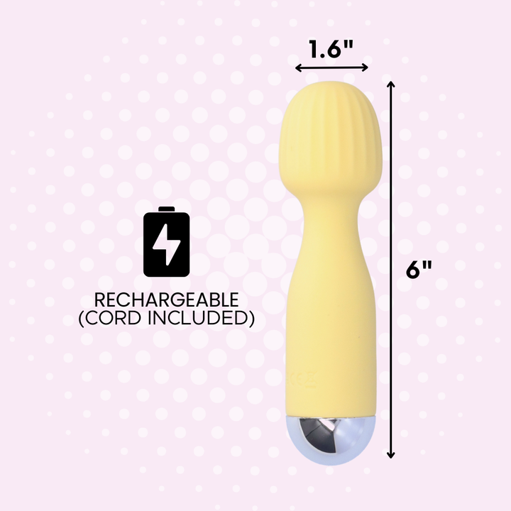 Yellow handheld device with measurements and rechargeable indicator on a pink background
