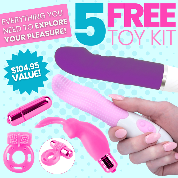 Promotional image of a 'Good Vibes Couples Kit' with multiple pink and purple toys on a blue polka dot background.