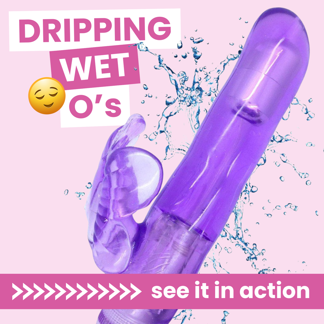 Purple butterfly dual action vibe with water droplets and text on a pink background