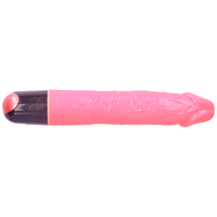 Back view of pink vibrating dildo with raised vein texture and a dial at the bottom for adjusting the speed.