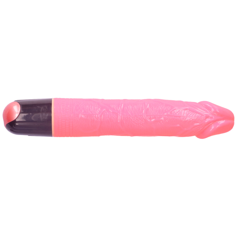 Back view of pink vibrating dildo with raised vein texture and a dial at the bottom for adjusting the speed.