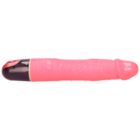 Side view of pink vibrating dildo with raised vein texture and a dial at the bottom for adjusting the speed.