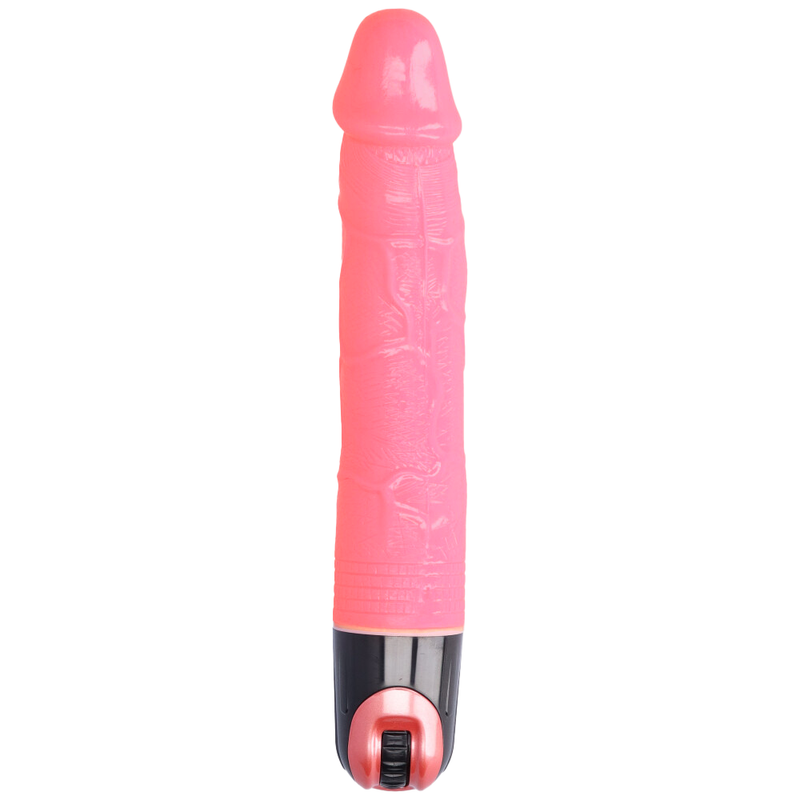 Front view of pink vibrating dildo with raised vein texture and a dial at the bottom for adjusting the speed.