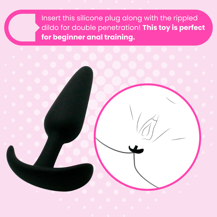 Black silicone plug with text on a pink polka dot background. Insert this silicone plug along with the rippled dildo for double penetration! This toy is perfect for beginner anal training.