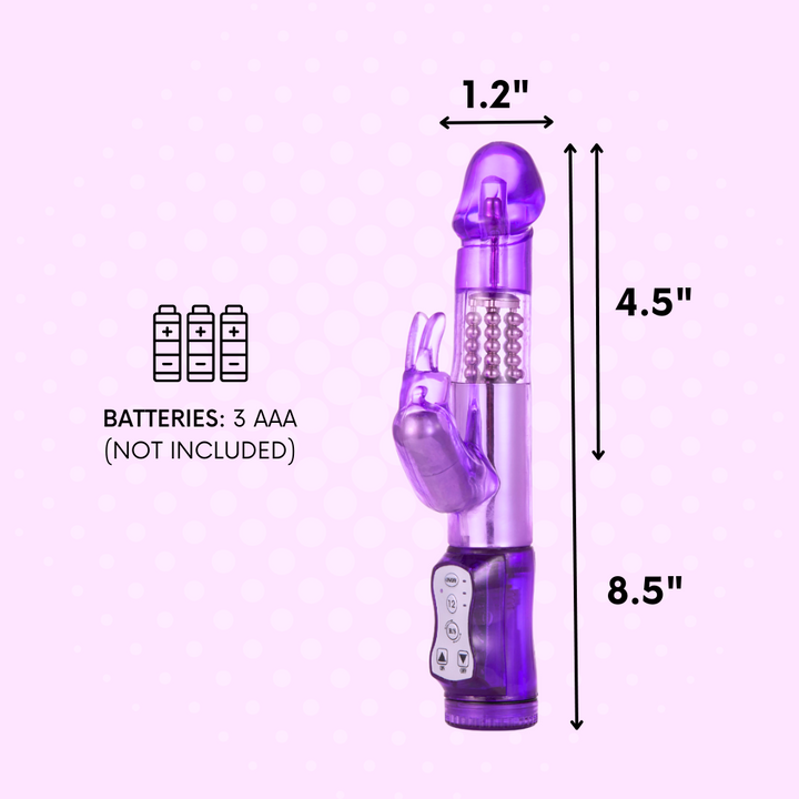 Dimensions of product. 8.5 long, 1.2" wide, 4.5" insertable length. 3 AAA not included.