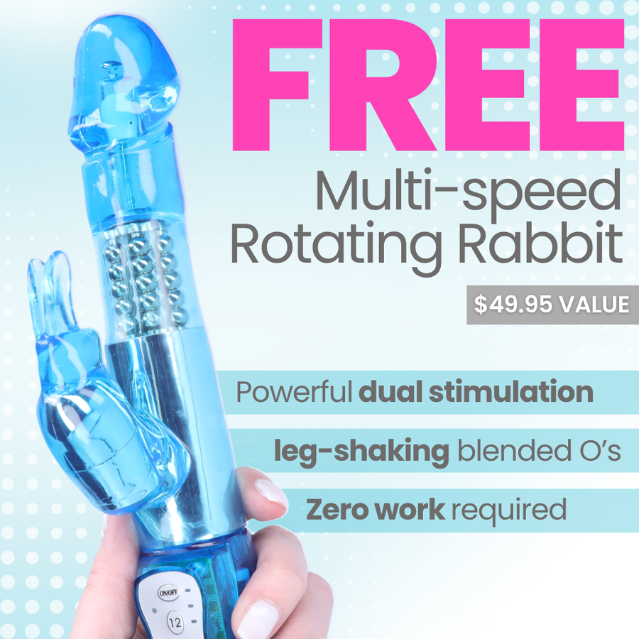 A hand holding a translucent blue multi-speed rotating rabbit dildo with a built-in hand-shaped stimulator, set against a light blue background with large pink and gray promotional text reading 'FREE Multi-speed Rotating Rabbit' and feature callouts.