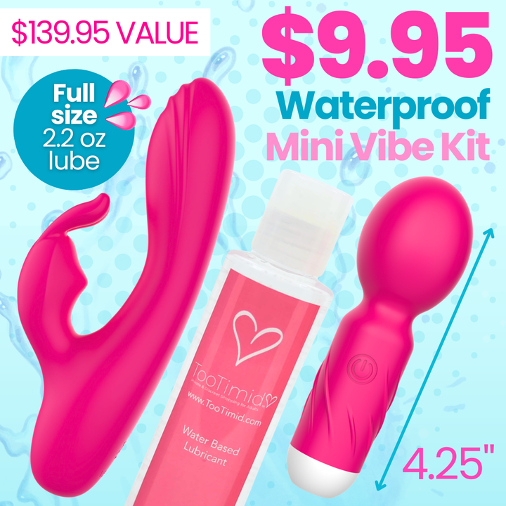 Waterproof mini vibe kit with a pink mini rabbit and pink mini wand at $9.95 value. On a blue background.