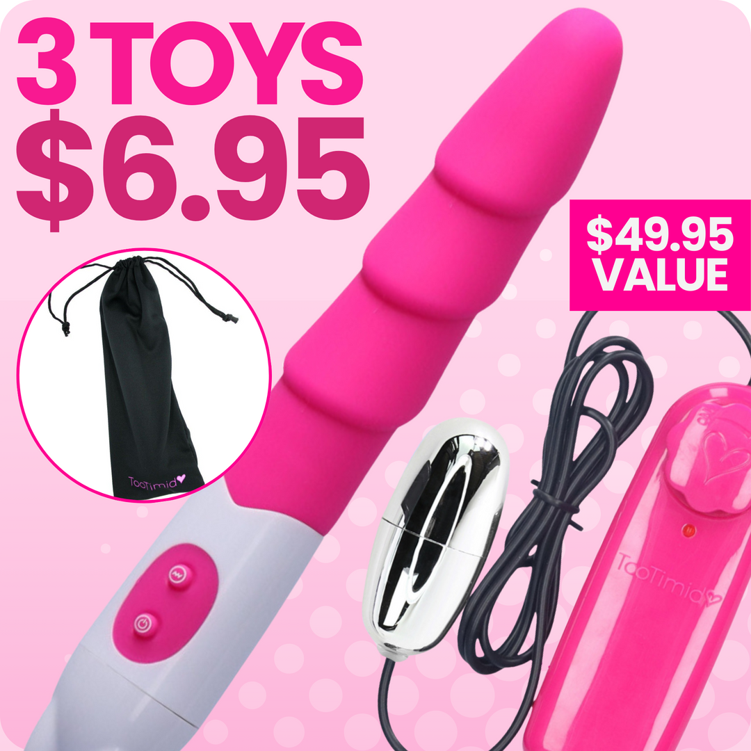 Get 3 toys for $6.95! A pink power bullet, rippled vibrator, and large storage bag. Pro tip: rub the power bullet on your clit & insert the other for blended orgasms