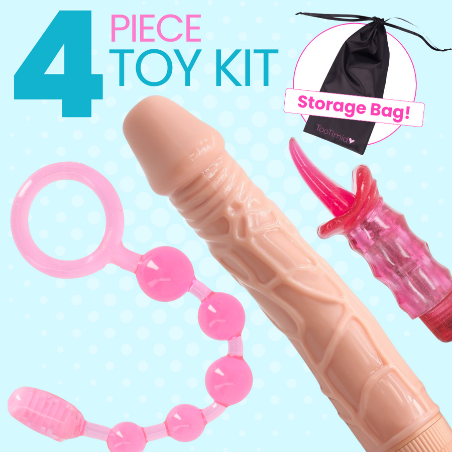 4 piece toy kit on a light blue backgroud