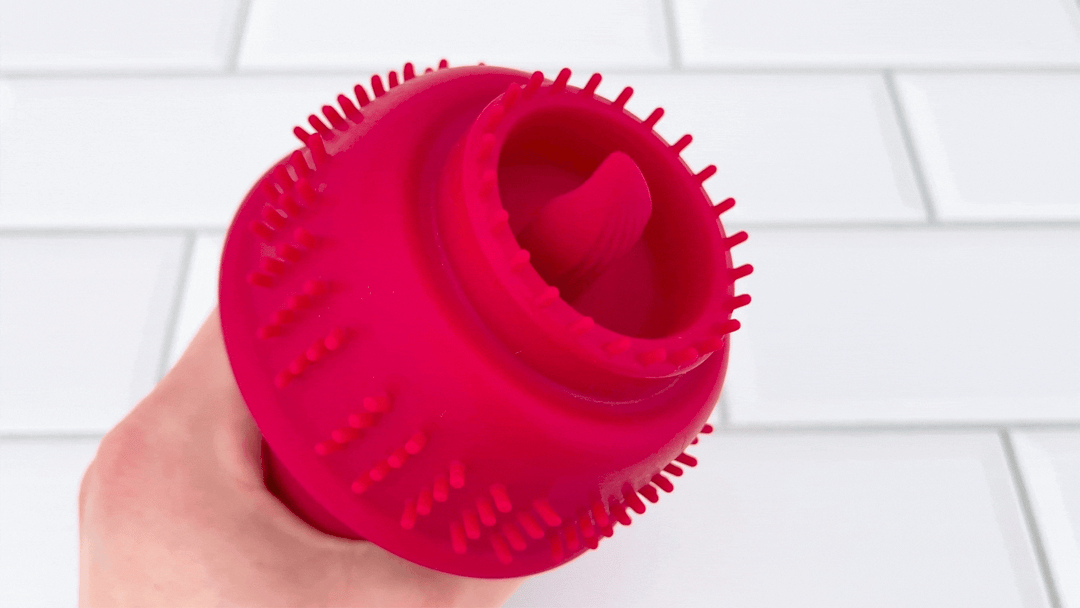 GIF of Velour Kiss Clitoral Stimulator turned inside out an is vibrating 