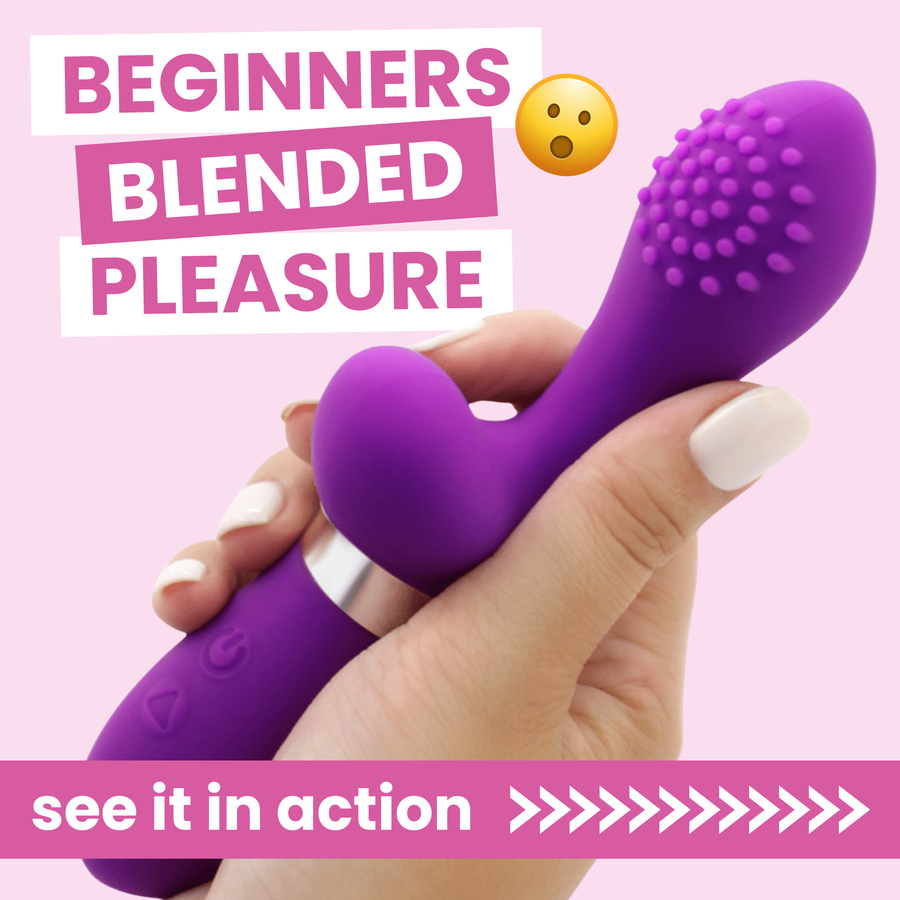 Purple silicone tool held by a hand with text on a pink background