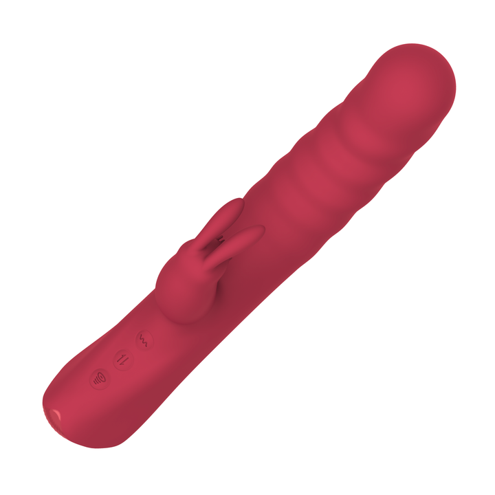 angled topside view of Ribbed Thrusting Rabbit Vibrator easy blended orgasms 