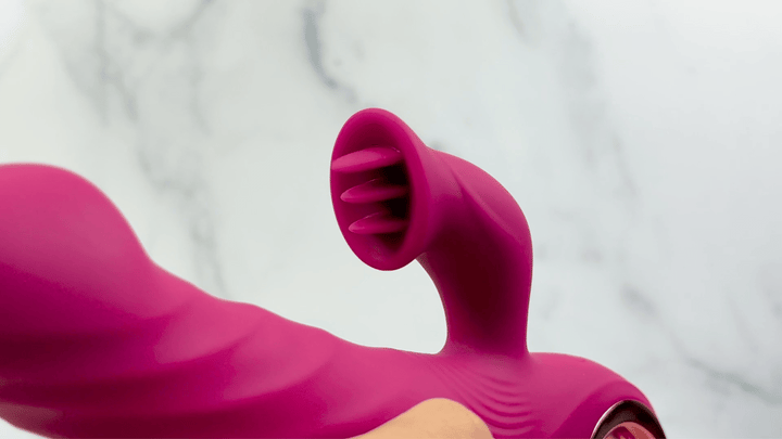 GIF of Revel Rabbit Silicone Fluttering and Fingering Dual Action Vibe close up of fluttering tongue 
