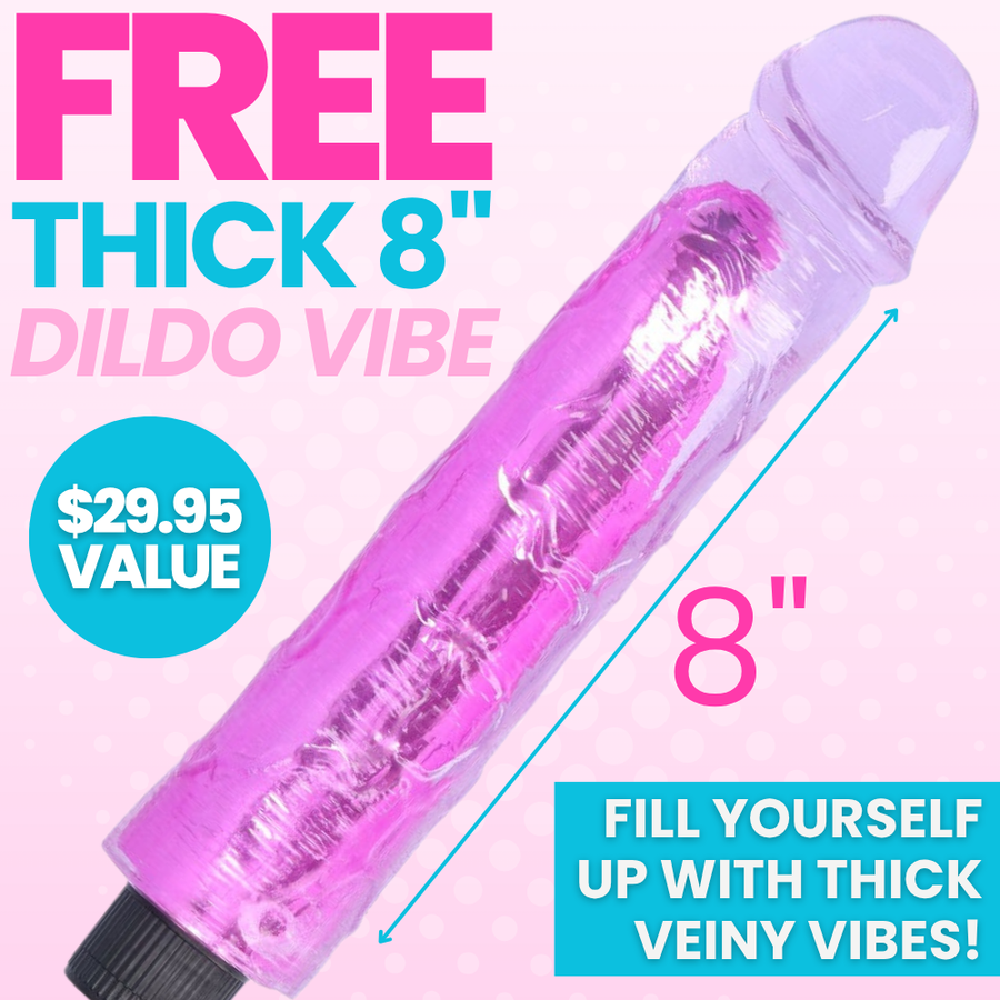 FREE Pink 8-inch dildo with promotional text on a white background