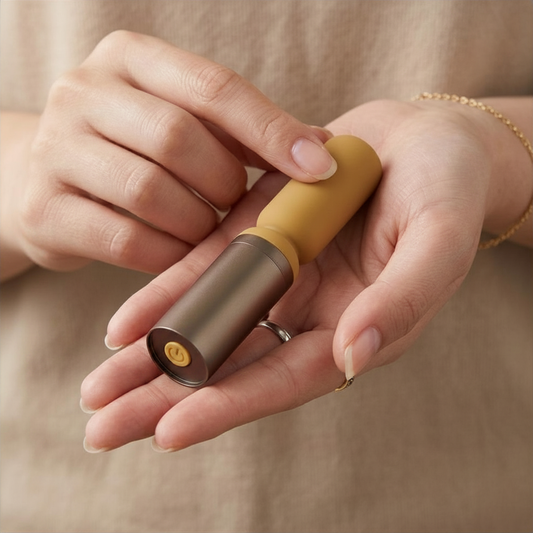 hand holding Luxury Slim Wand Vibrator smooth silicone tip 