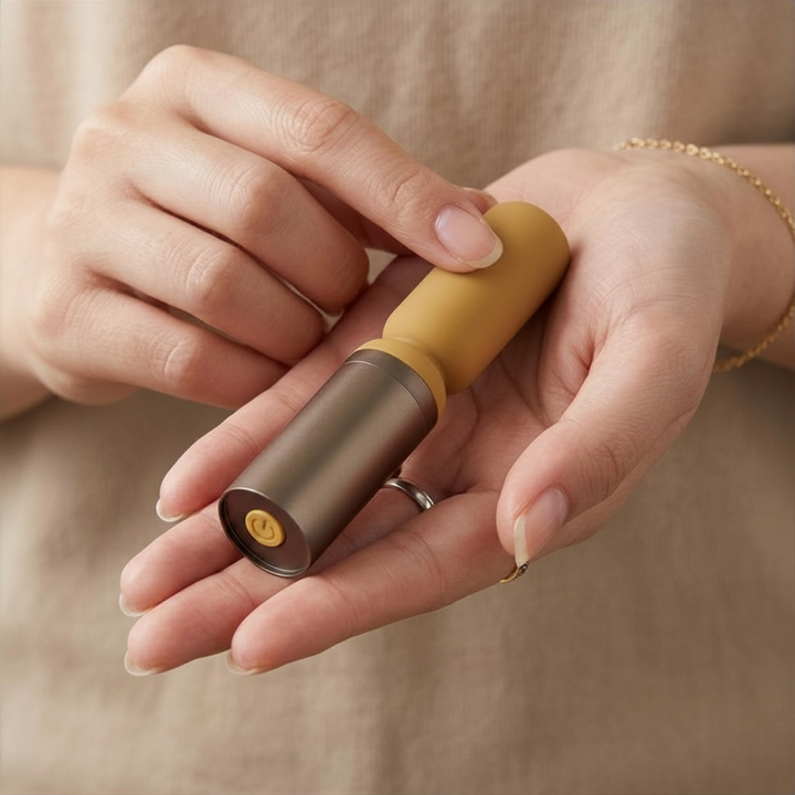 hand holding Luxury Slim Wand Vibrator smooth silicone tip 