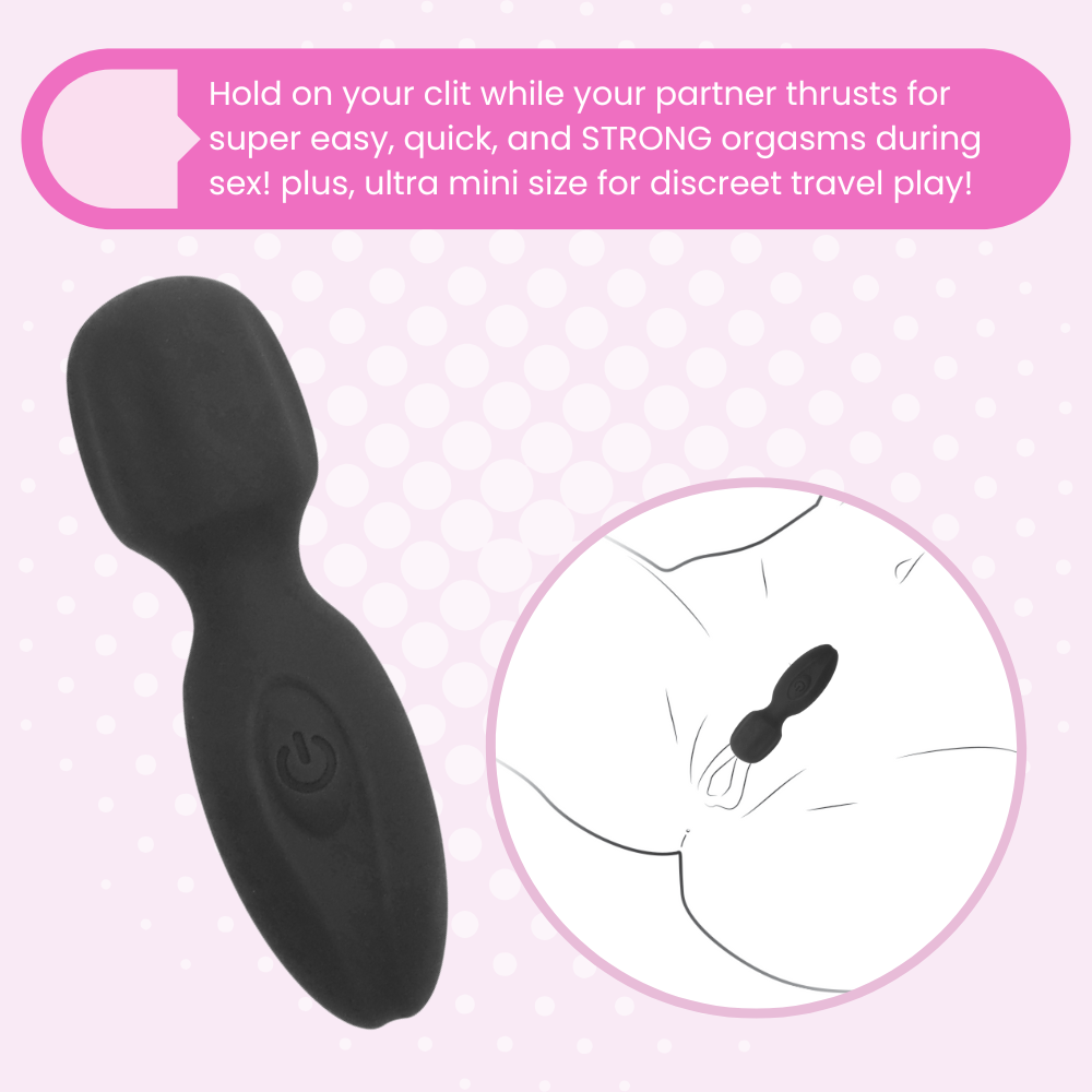 Black wand massager for sexual use on a pink background with text about its features. Hold on your clit while your partner thrusts for super easy, quick, and STRONG orgasms during sex! plus, ultra mini size for discreet travel play!